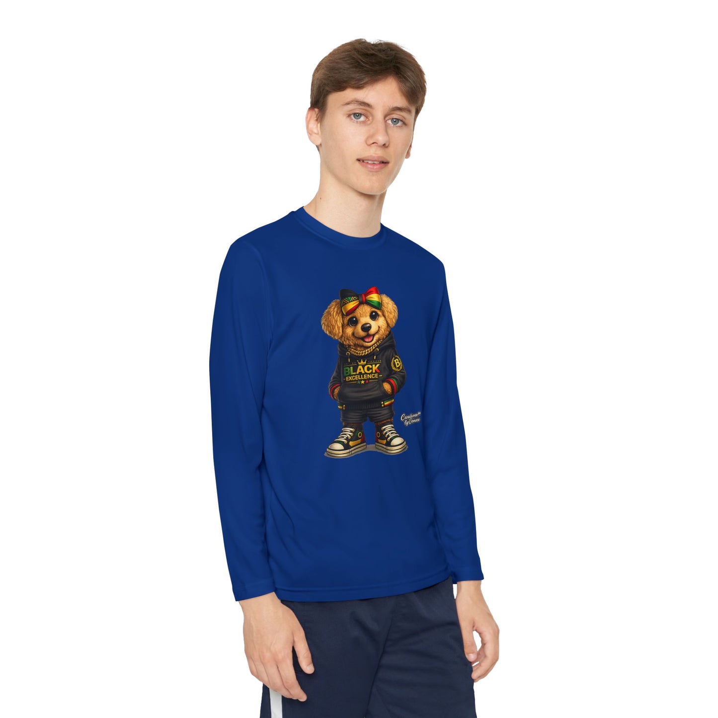Youth Long Sleeve Tee — Trendy Bear Graphic "Black Excellence"