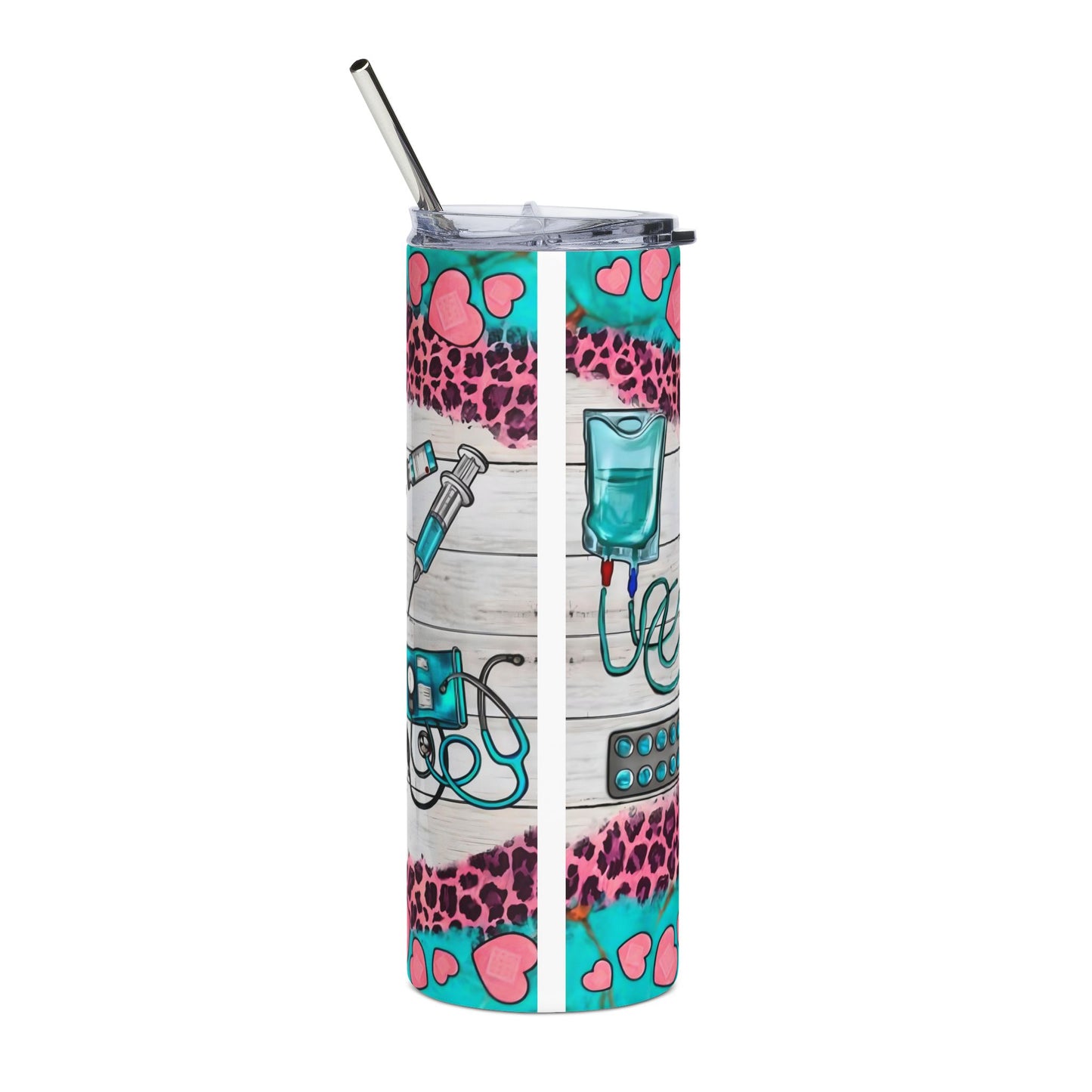 RN Caduceus Leopard Print 20oz Stainless Tumbler — Teal & Pink Nurse Gift