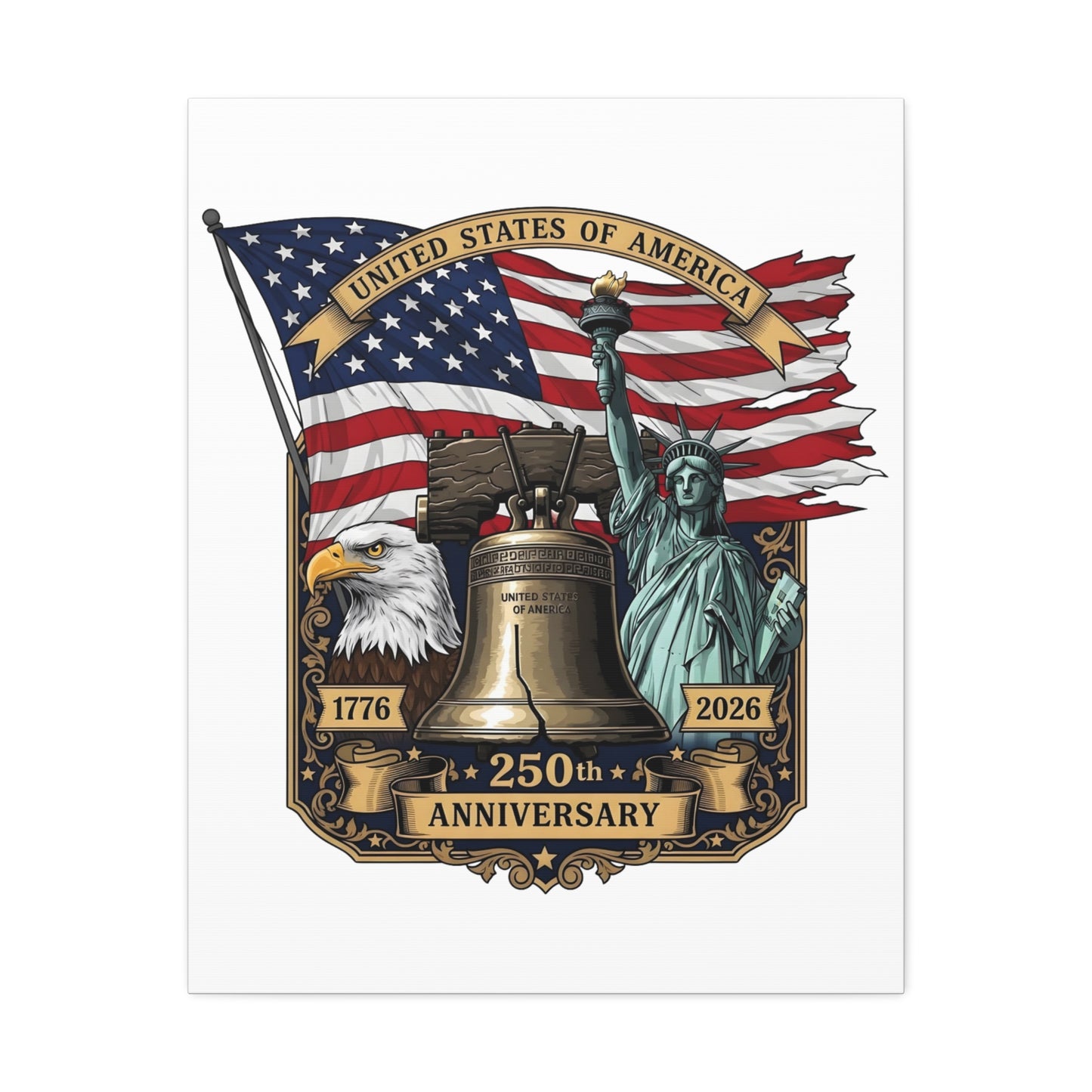 250th Anniversary USA Canvas Wall Art – Liberty Bell, Eagle & Flag Stretched Canvas