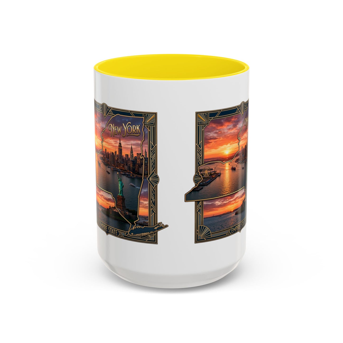 New York Skyline Accent Coffee Mug — Empire State Sunset Scene (11/15oz)