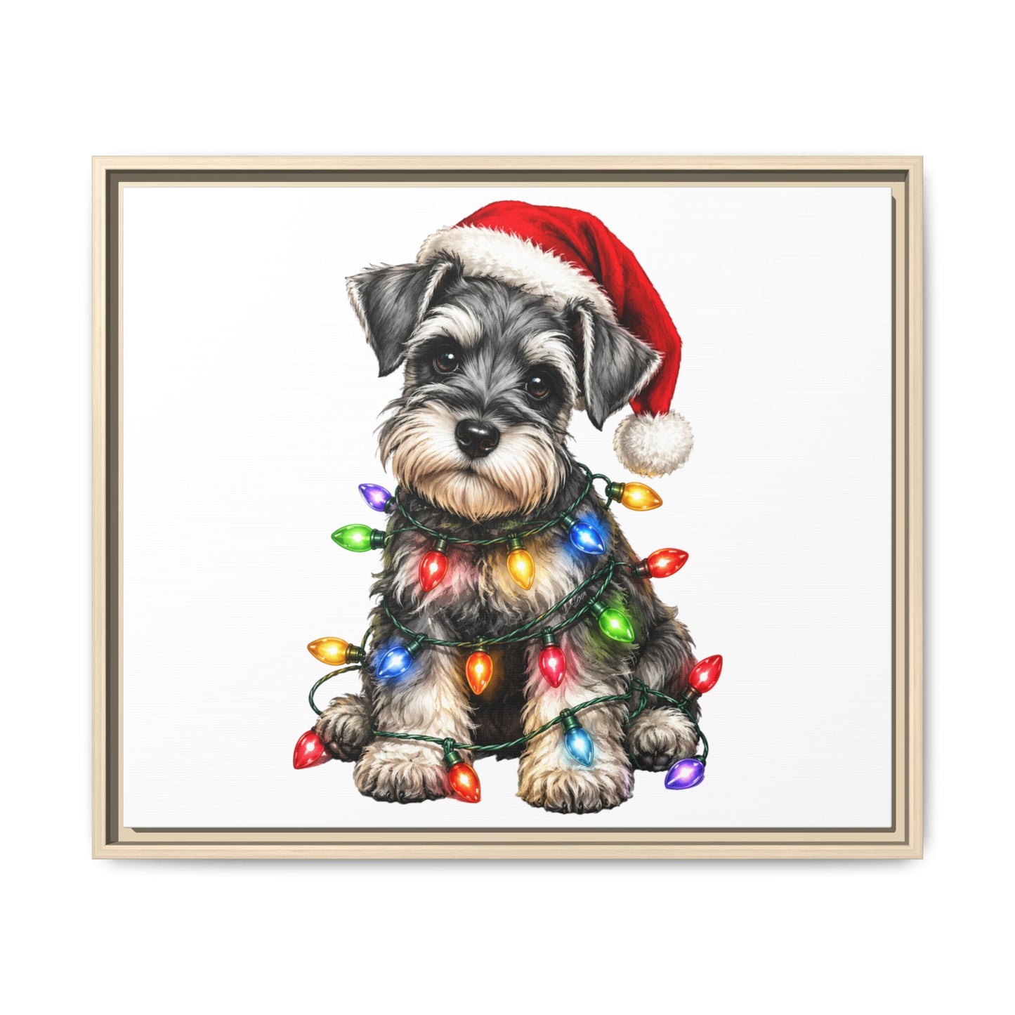Holiday Schnauzer Canvas Print — Framed Matte Wall Art with Christmas Lights