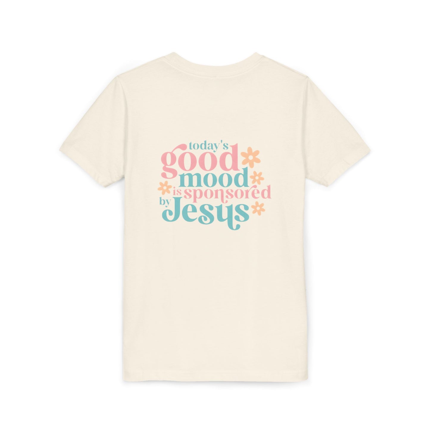 Youth Tee – "Today's Good Mood is Sponsored by Jesus" Retro Floral Christian Shirt