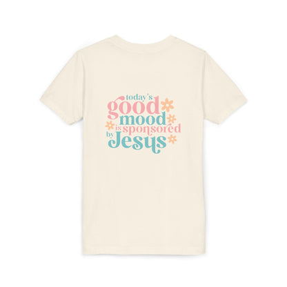 Youth Tee – "Today's Good Mood is Sponsored by Jesus" Retro Floral Christian Shirt