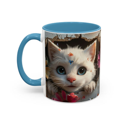 Cute White Kitten Coffee Mug – Floral Accent 11/15oz
