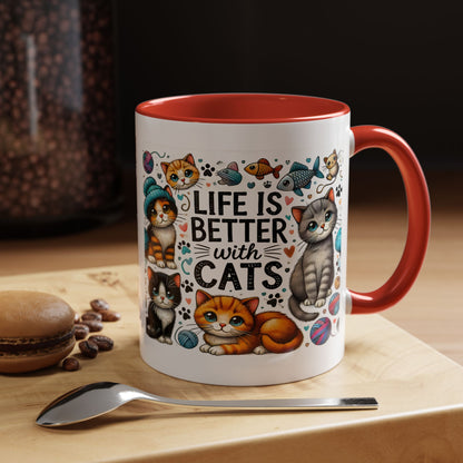 Life Is Better With Cats Accent Coffee Mug – Cute Kitten Ceramic Tea Cup (11/15oz)