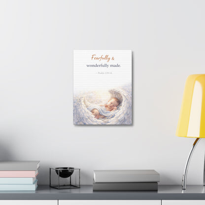 Canvas Wall Art - "Fearfully & Wonderfully Made" Baby Angel Bible Verse (Psalm 139:14) Nursery Decor