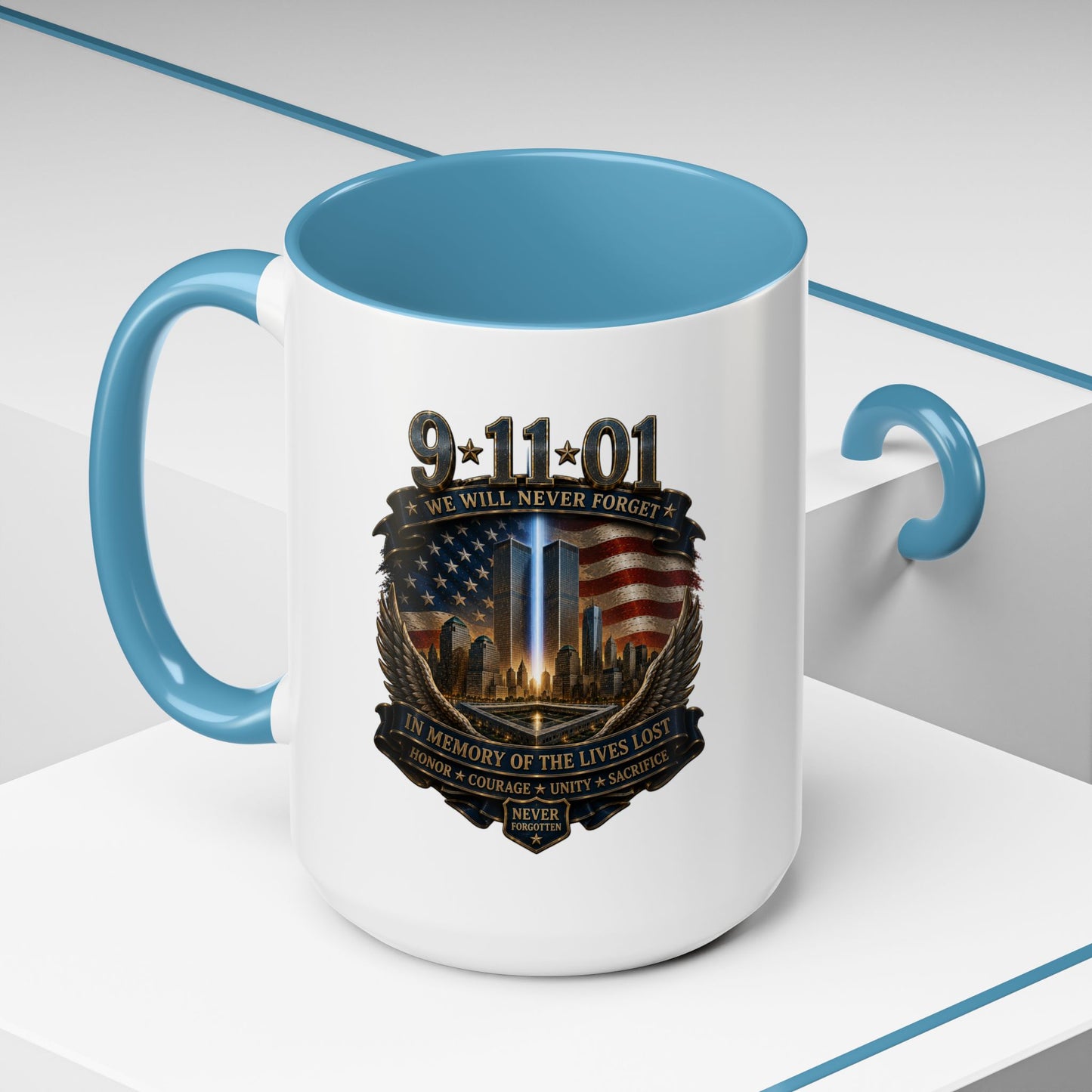 9/11 Memorial Coffee Mug — 'We Will Never Forget' Tribute Accent Mug