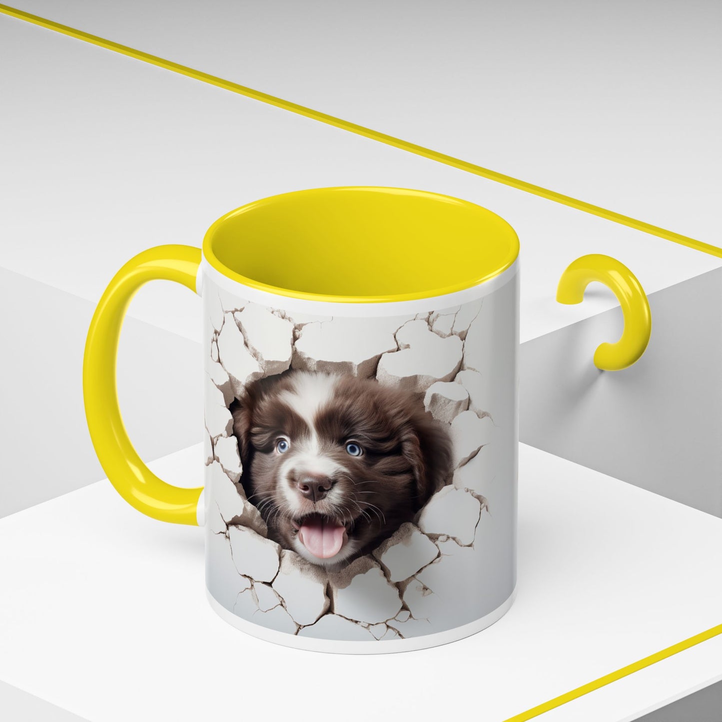 Puppy Breakthrough Accent Coffee Mug (11/15oz) — Cute Dog Face Cracked Wall Design