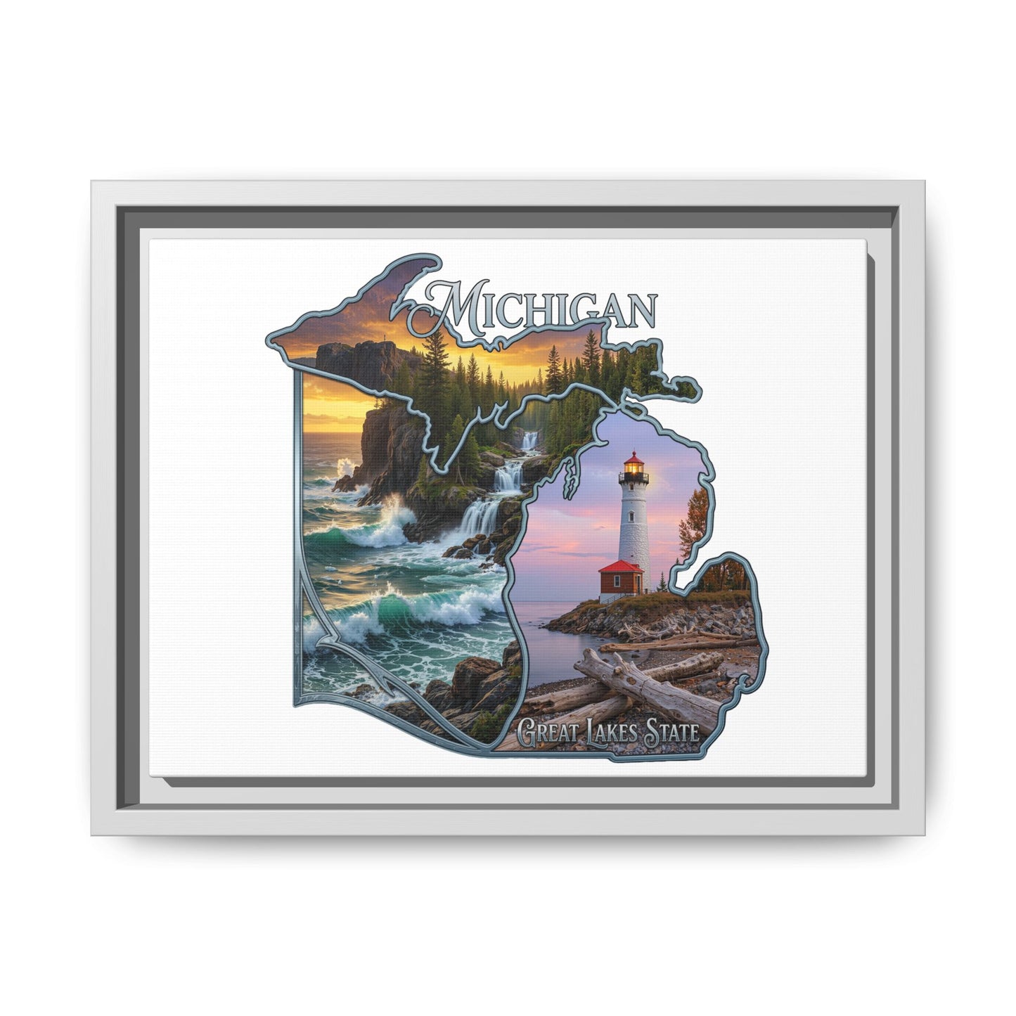 Michigan Framed Canvas Wall Art — Great Lakes State Lighthouse & Shoreline Print