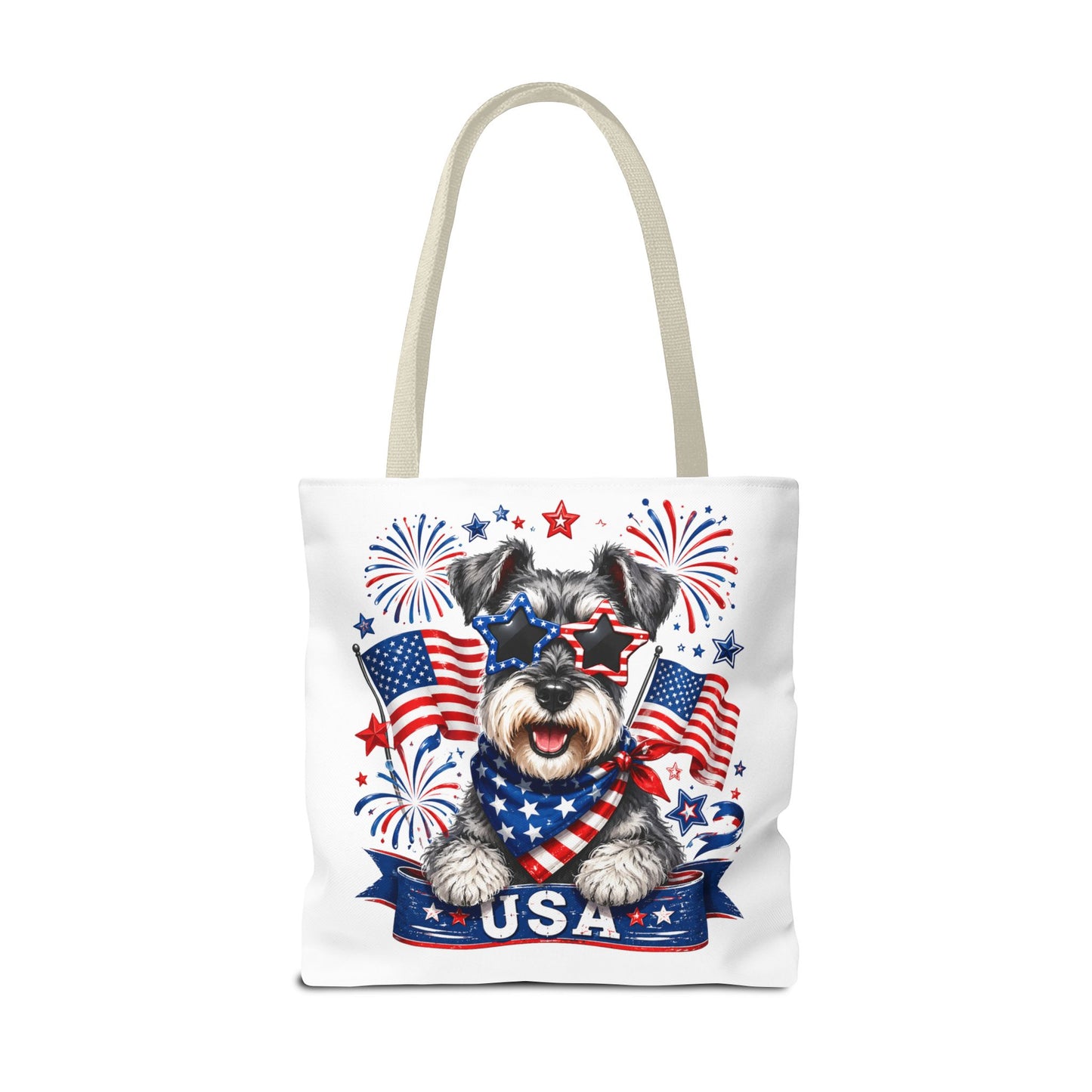 Patriotic Schnauzer Tote Bag — USA Flag Fireworks All-Over Print