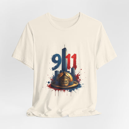 9/11 Firefighter Memorial Tee — Tribute T-Shirt with Helmet & Twin Towers Design