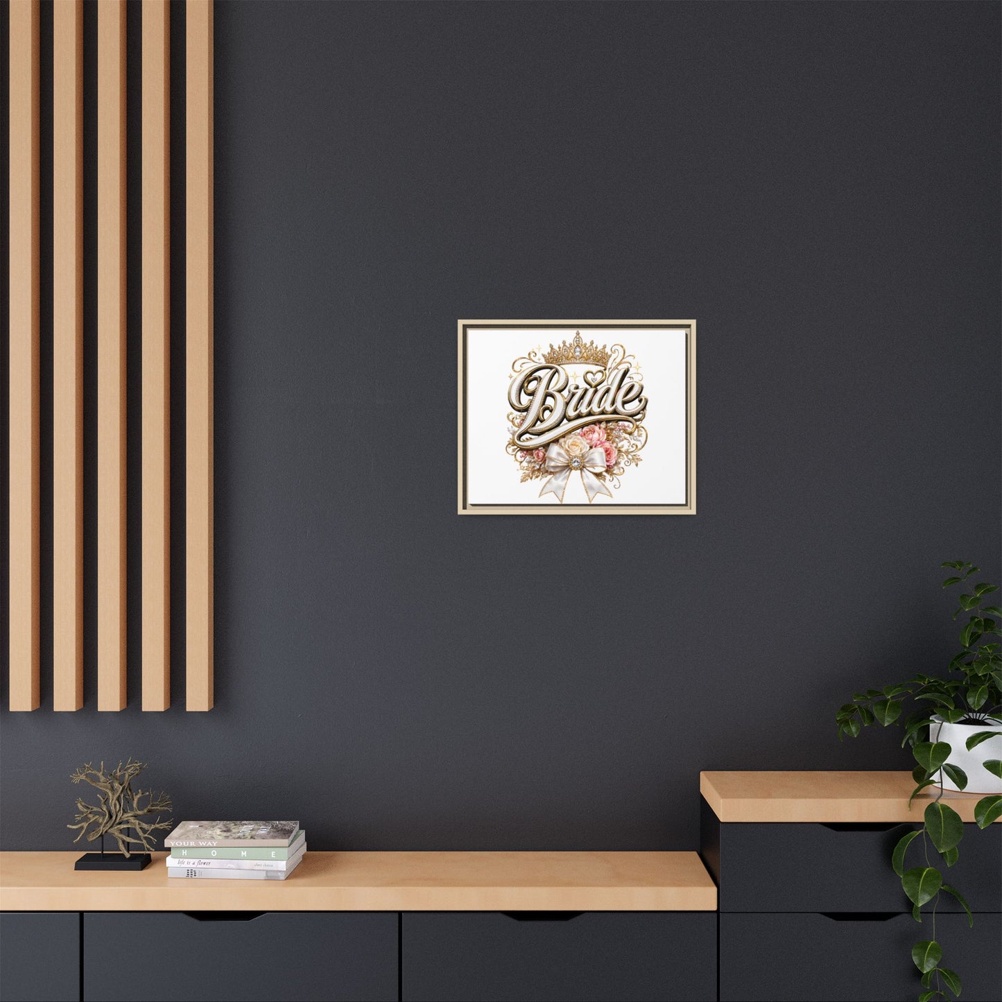 Framed Bride Canvas Wall Art — Elegant Bridal Crown & Floral Wedding Decor