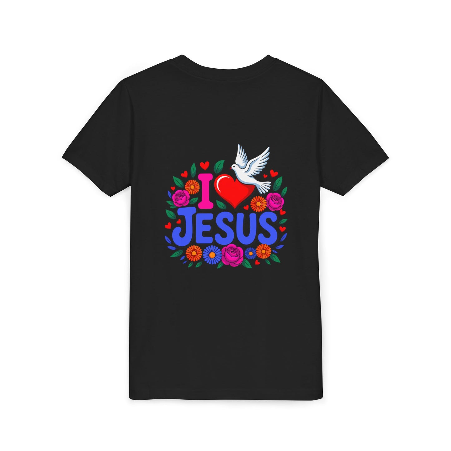 Youth Tee — "I  Jesus" Colorful Dove & Floral Christian Shirt