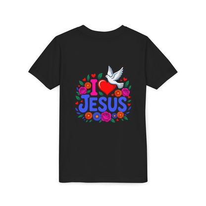 Youth Tee — "I  Jesus" Colorful Dove & Floral Christian Shirt