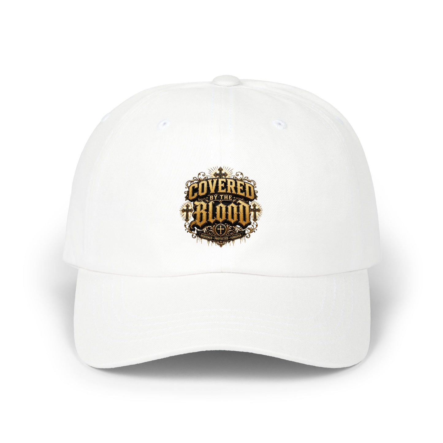 Classic Dad Cap — Covered by the Blood Embroidered Christian Baseball Hat