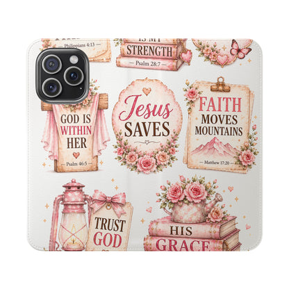 Christian Floral Phone Flip Case — "Jesus Saves" & Inspirational Scripture Wallet Cover