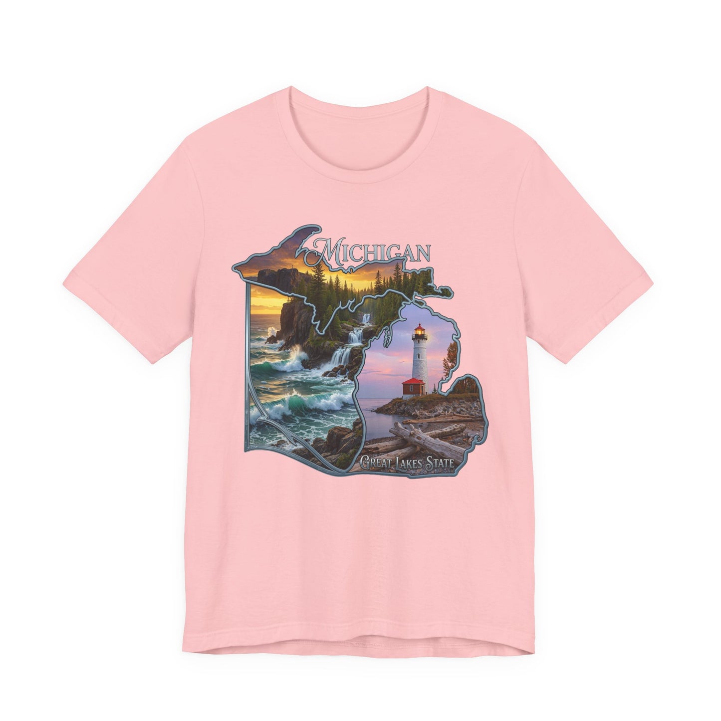 Michigan Scenic Map T-Shirt — Great Lakes Lighthouse Sunset Tee