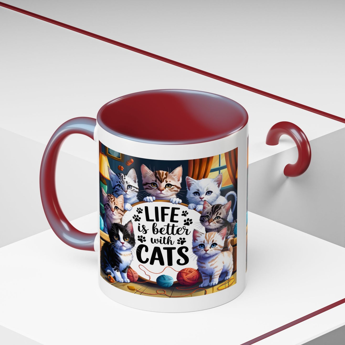 Life Is Better With Cats Accent Coffee Mug – Cute Kitten Cat Lover Gift (11/15oz)