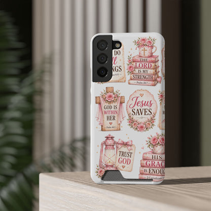 Christian Floral Phone Case with Card Holder — 'Jesus Saves' Inspirational Design