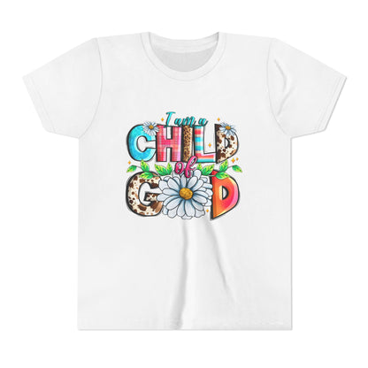 Youth Tee — "I Am a Child of God" Floral Christian Graphic