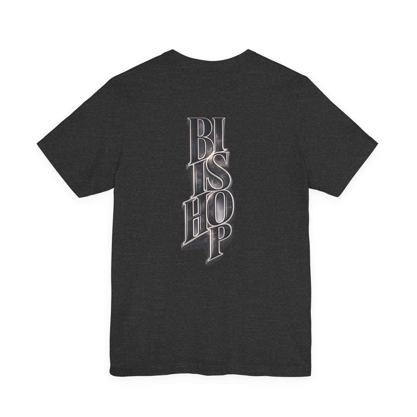 Bishop Vertical Script Tee — Vintage Gothic Lettering T-Shirt