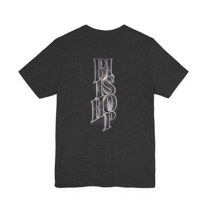 Bishop Vertical Script Tee — Vintage Gothic Lettering T-Shirt