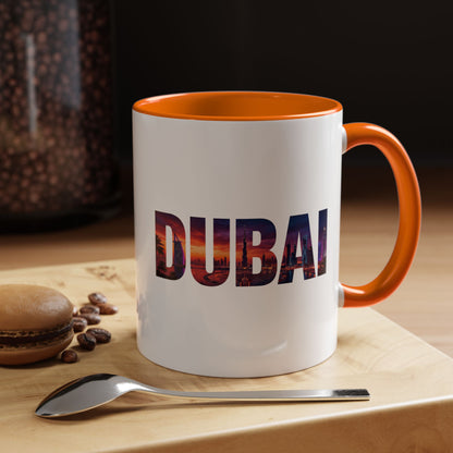 Dubai Skyline Accent Coffee Mug — Sunset City Photo Text (11/15oz)