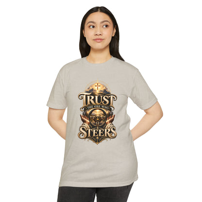 Trust He Steers T‑Shirt — Christian Faith Nautical Steering Wheel Design