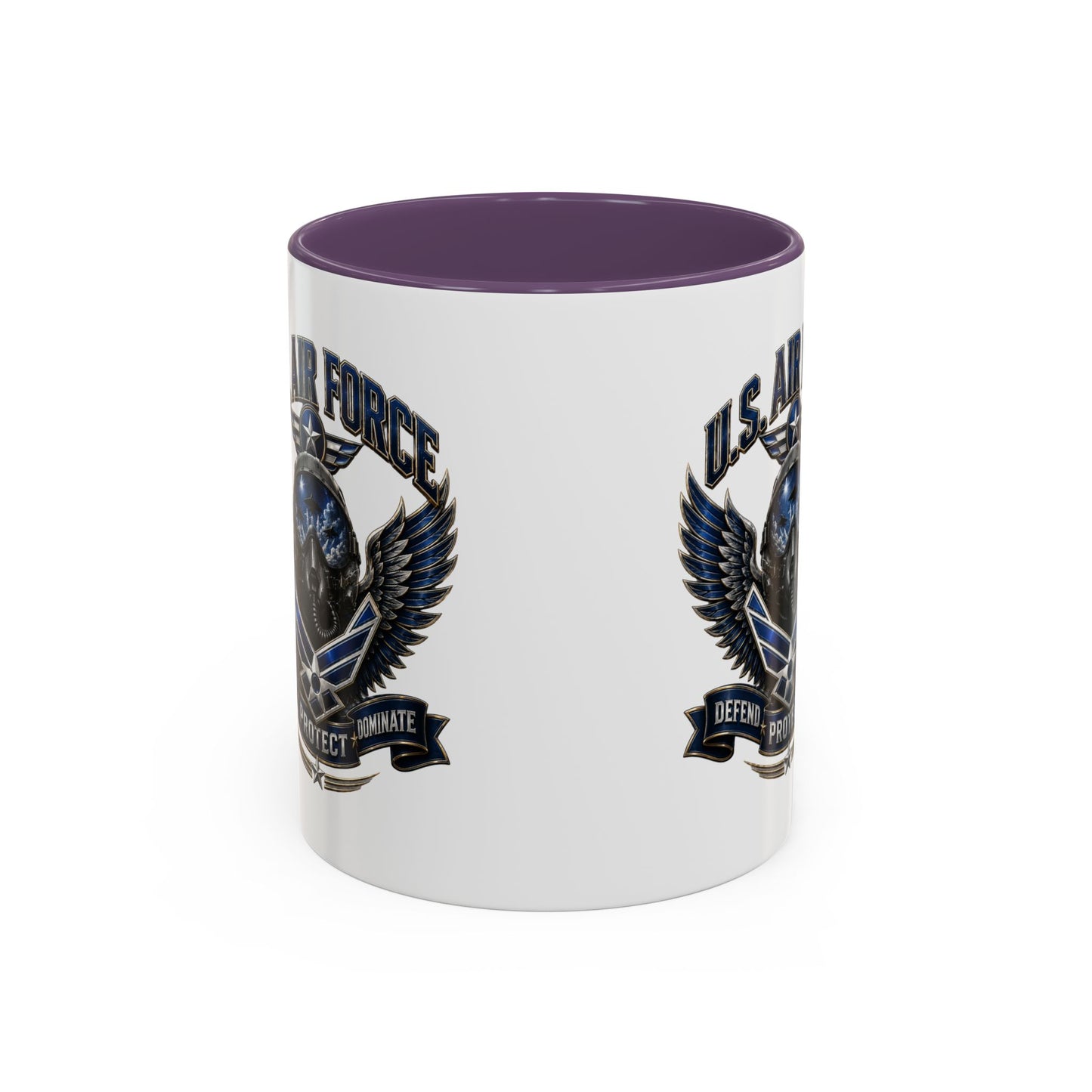 U.S. Air Force Emblem Accent Coffee Mug — Defend Protect Dominate (11/15oz)