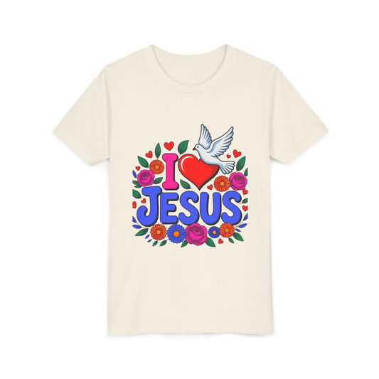 Youth Tee — "I  Jesus" Colorful Dove & Floral Christian Shirt