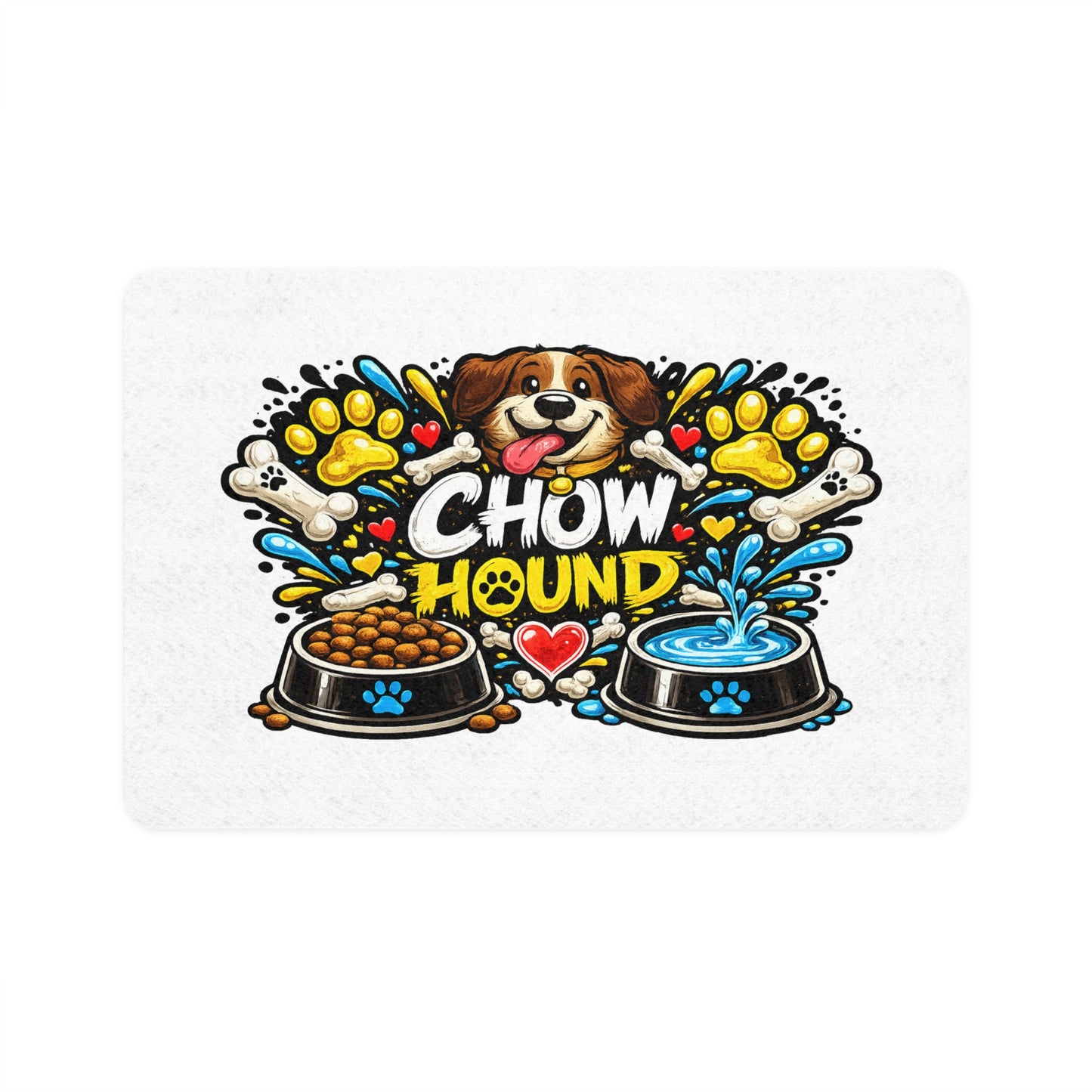 Chow Hound Dog Food Mat — Cute Paw Prints & Bowls Pet Feeding Placemat (12x18)