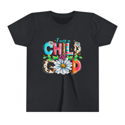 Youth Tee — "I Am a Child of God" Floral Christian Graphic