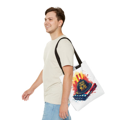 Never Forget 9/11 Memorial Tote Bag — Firefighter Helmet & Flag Tribute
