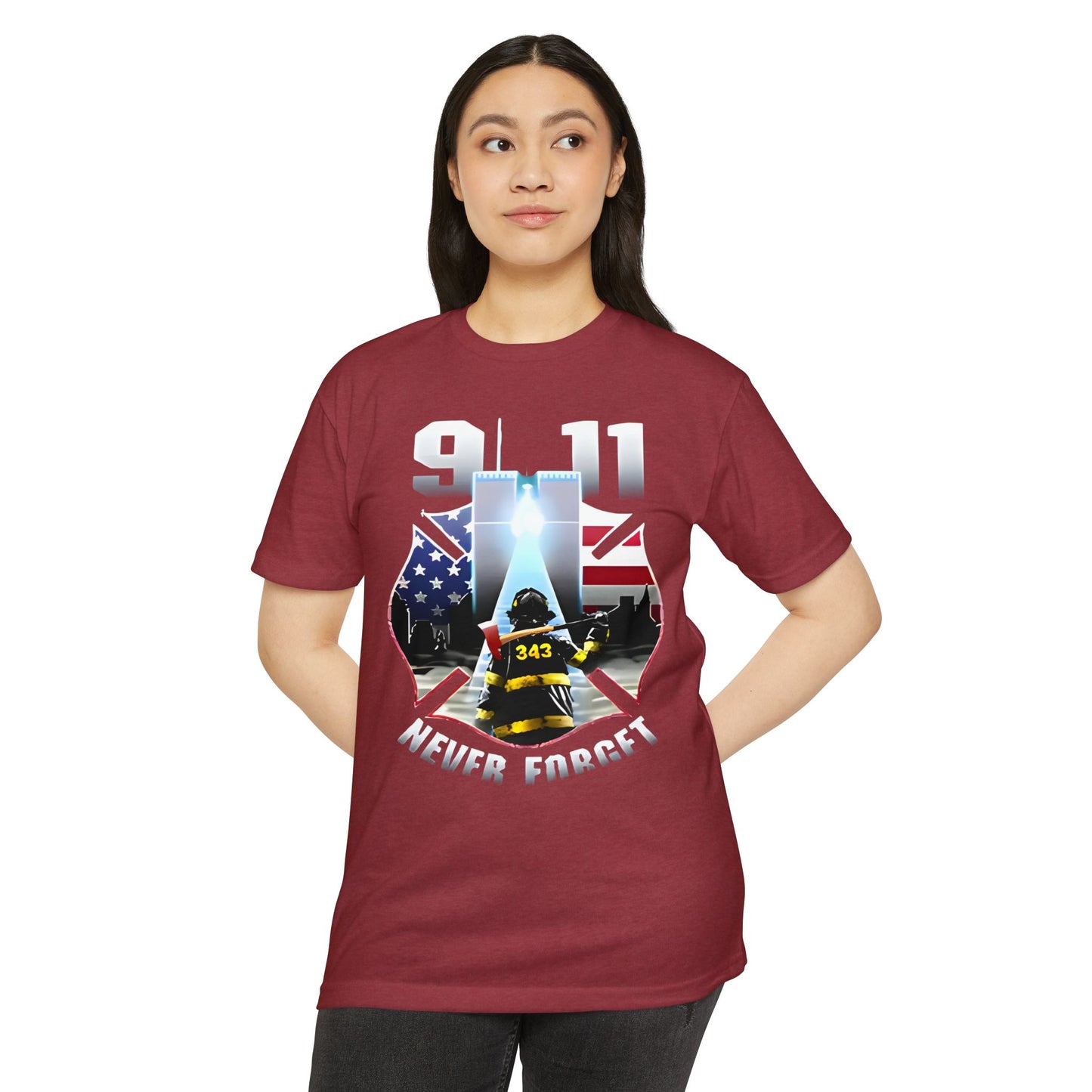 9/11 Never Forget T-Shirt — Firefighter Tribute Tee with Twin Towers & American Flag