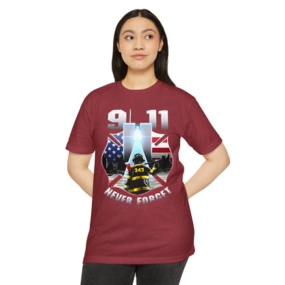 9/11 Never Forget T-Shirt — Firefighter Tribute Tee with Twin Towers & American Flag