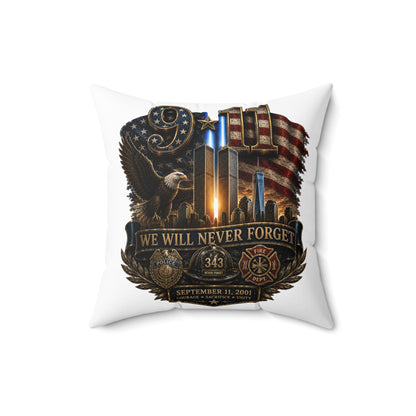 9/11 Memorial Square Pillow — "We Will Never Forget" Tribute