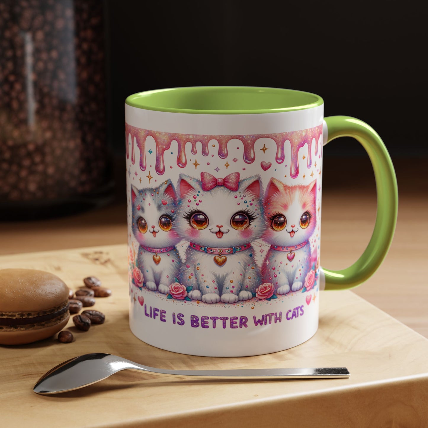 Cute Pastel Kawaii Cat Mug – "Life Is Better With Cats" Accent Coffee Cup (11/15 oz)
