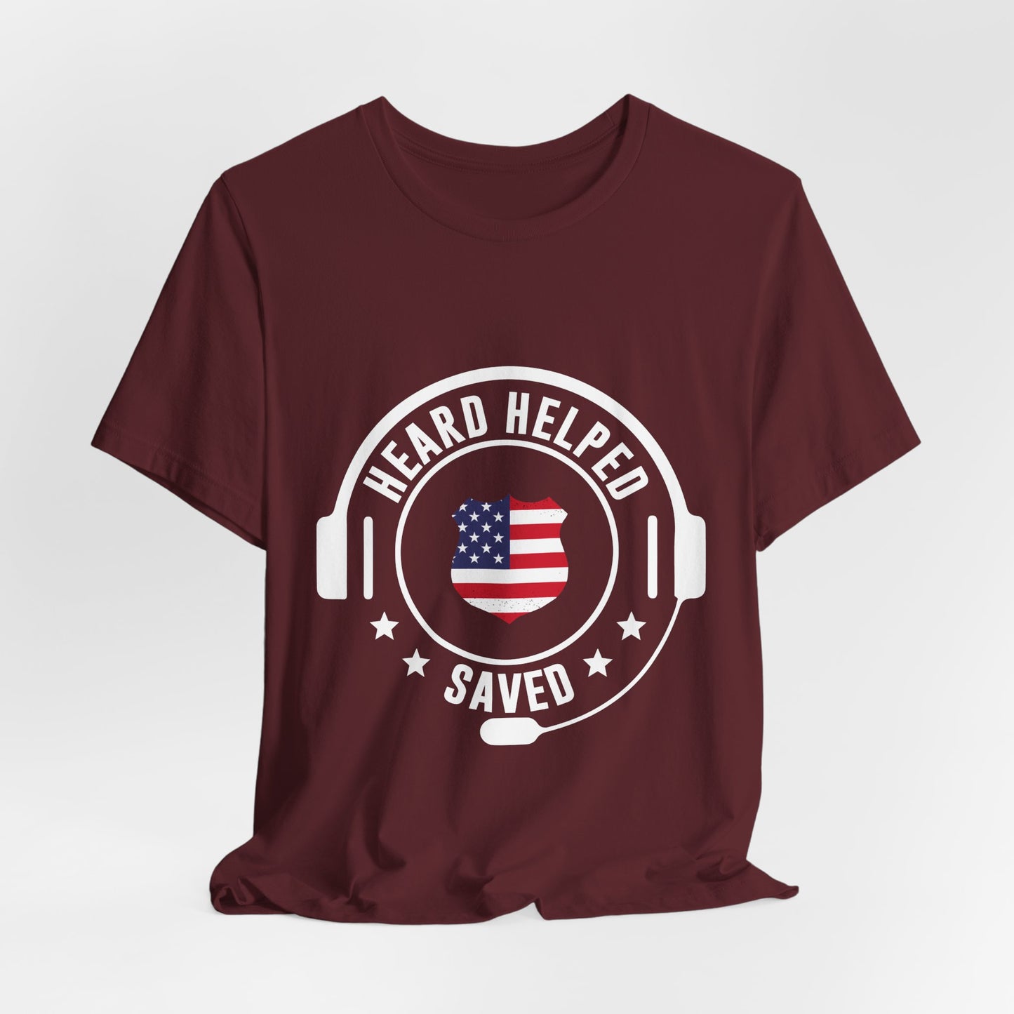 Headset Logo T-Shirt — "Heard Helped Saved" American Flag Design