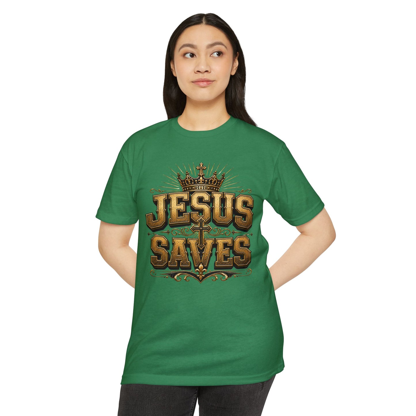 Jesus Saves T-Shirt — Christian Faith Graphic Tee with Crown & Cross