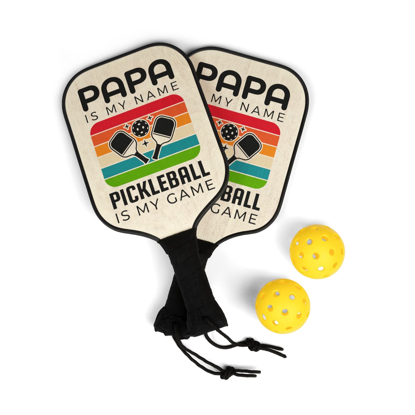 Papa Is My Name Pickleball Paddle Set – Retro 'Pickleball Is My Game' Kit (2 Paddles + Balls)