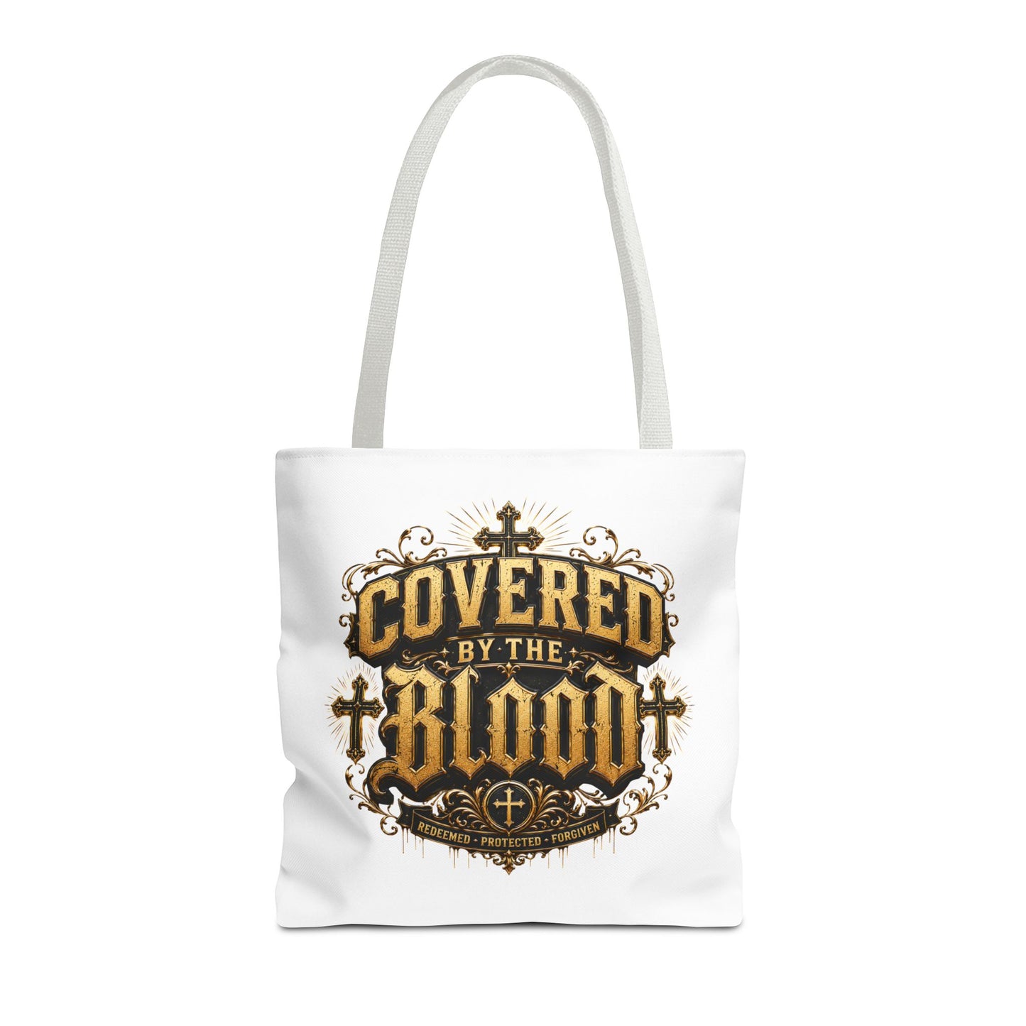 Covered by the Blood Tote Bag — Christian Cross Faith Canvas Tote