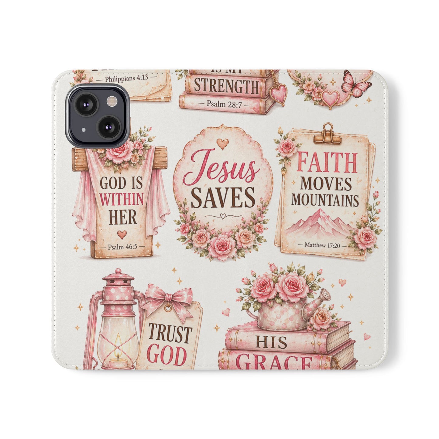 Christian Floral Phone Flip Case — "Jesus Saves" & Inspirational Scripture Wallet Cover