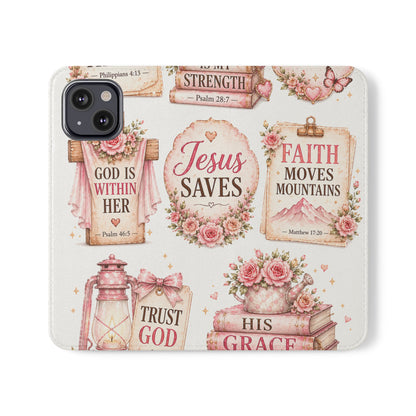 Christian Floral Phone Flip Case — "Jesus Saves" & Inspirational Scripture Wallet Cover