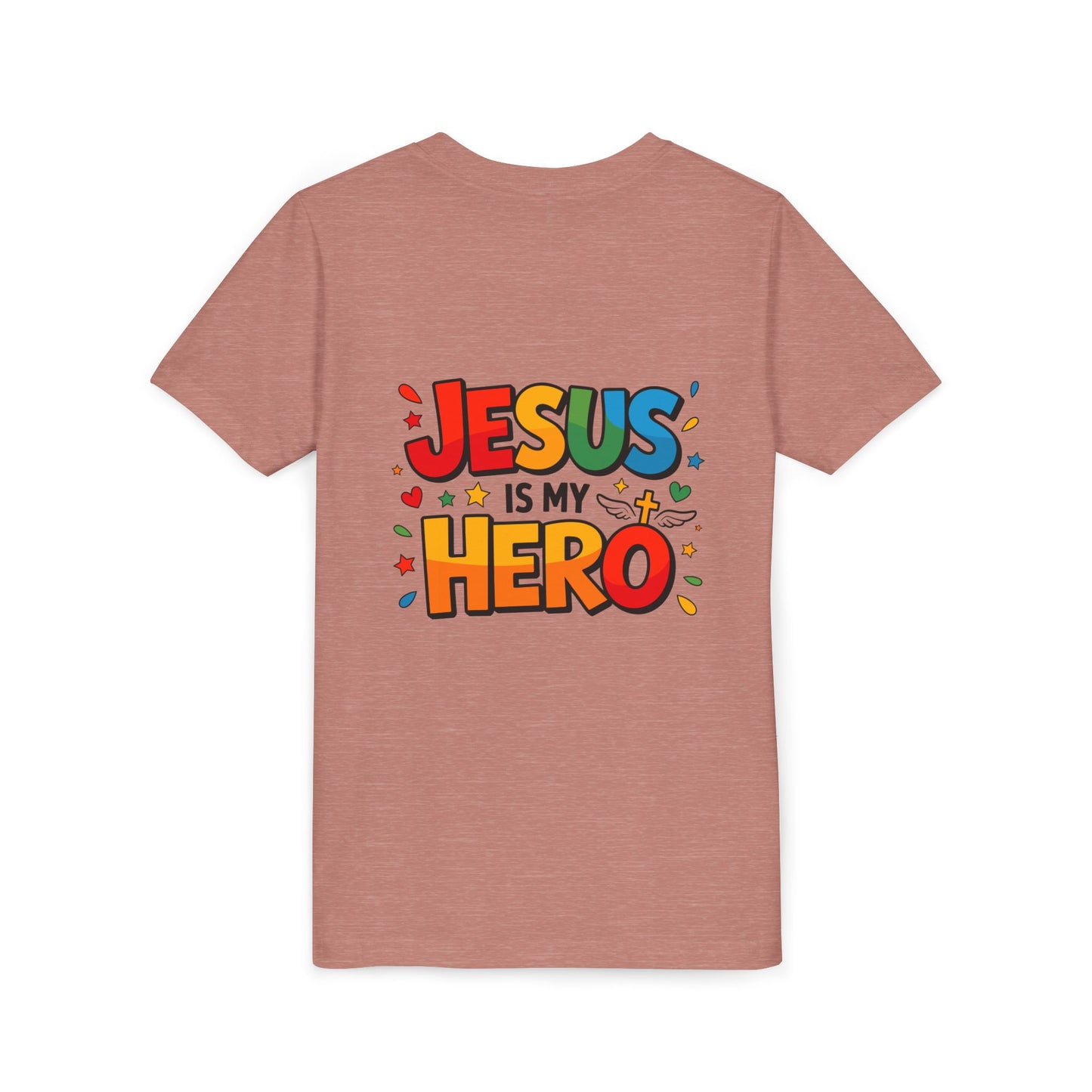 Youth Tee — "Jesus Is My Hero" Colorful Kids Christian T-Shirt