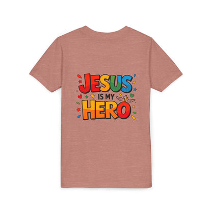 Youth Tee — "Jesus Is My Hero" Colorful Kids Christian T-Shirt