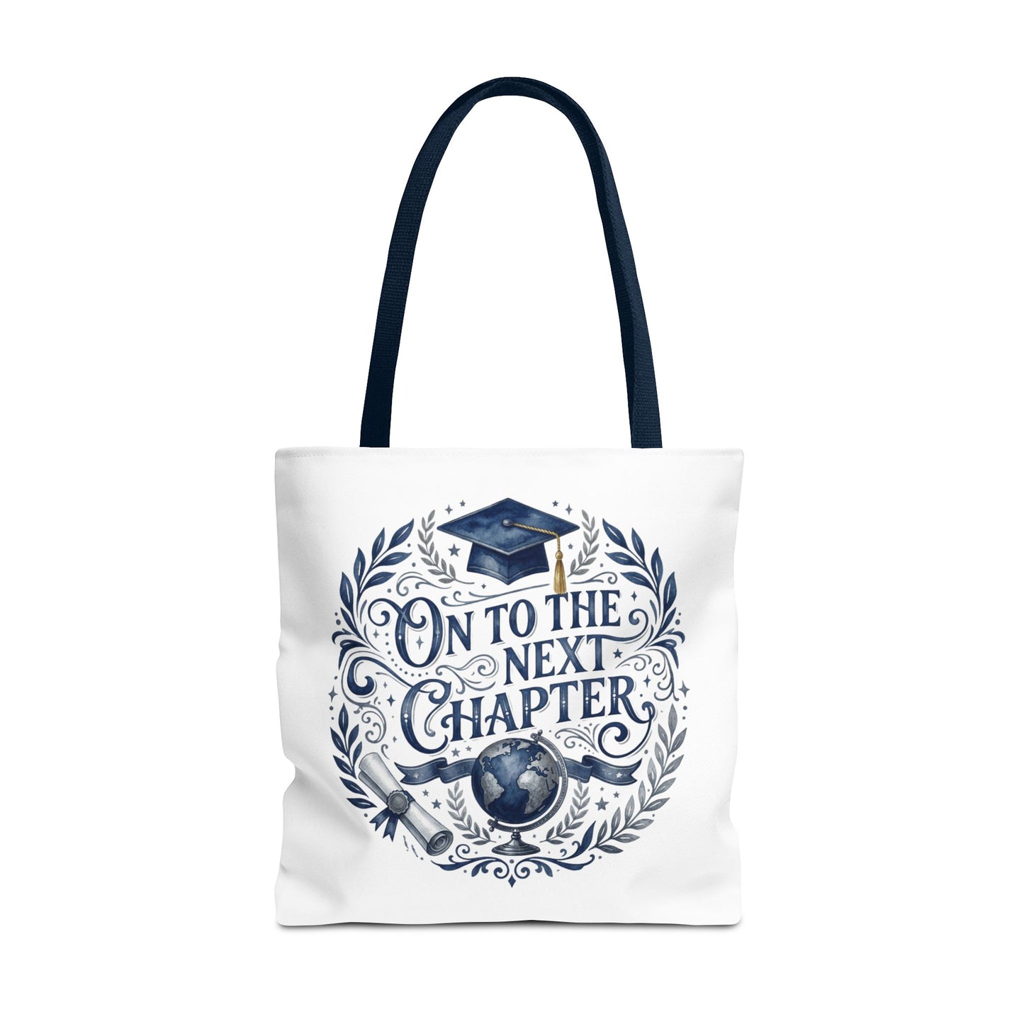 Graduation Tote Bag — "On to the Next Chapter" Cap & Globe Gift Tote
