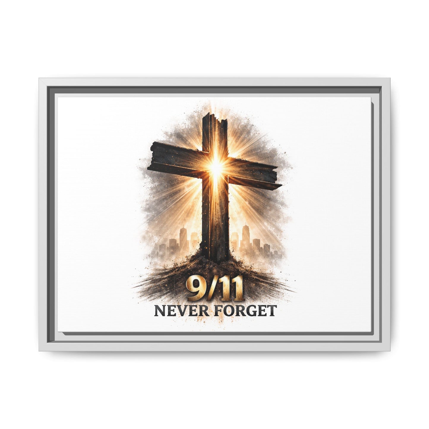 9/11 Never Forget Framed Canvas Wall Art — Memorial Cross Tribute