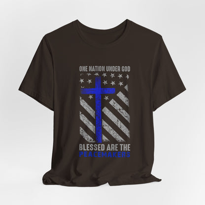 Blessed Are the Peacemakers T‑Shirt — Thin Blue Line Cross, "One Nation Under God" Patriotic Police Tee