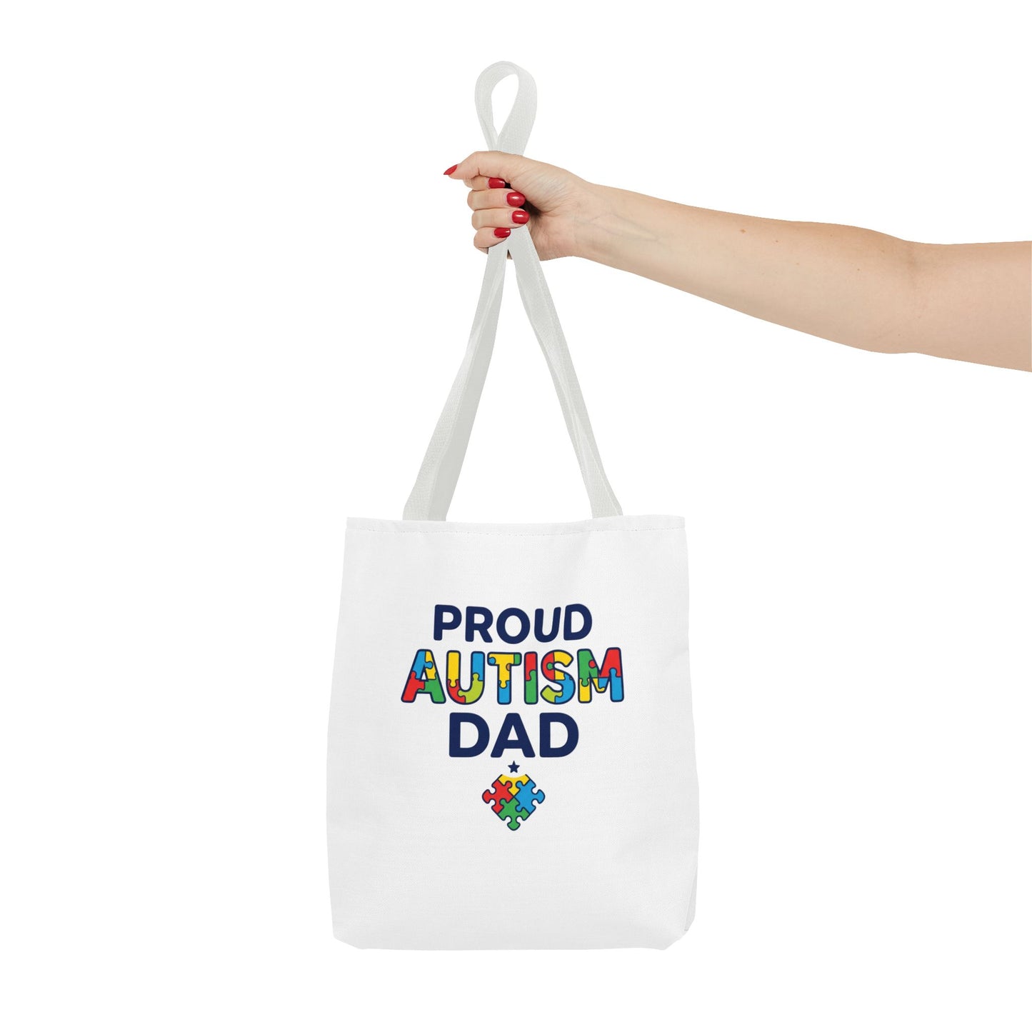 Proud Autism Dad Tote Bag — Colorful Puzzle-Heart Support Gift