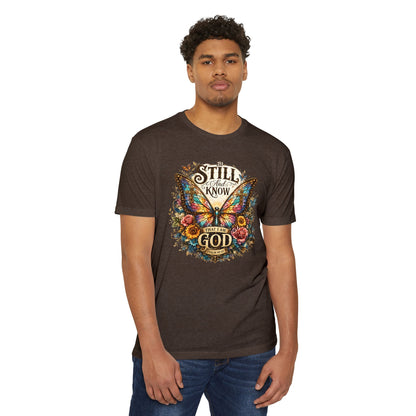Christian Butterfly T-Shirt — "Be Still and Know That I Am God" Inspirational Tee